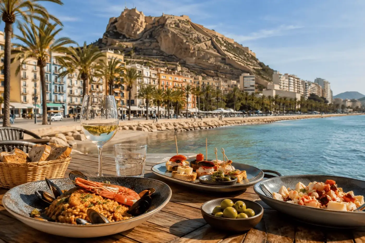 Paseo marítimo de Alicante con palmeras y el Castillo de Santa Bárbara