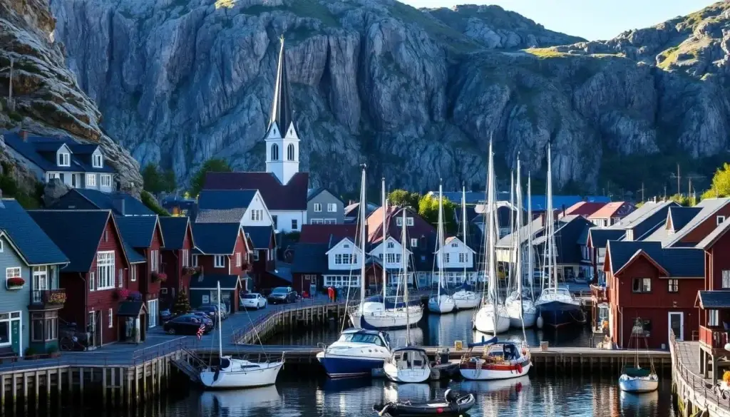 Paseo marítimo de Larvik, fiordo y ciudad de Vestfold, Noruega