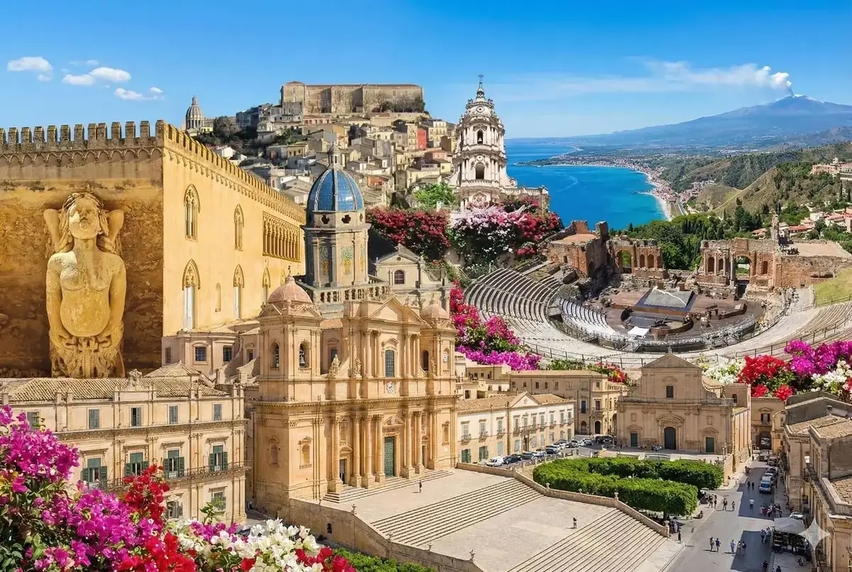 Paseo marítimo de Messina, catedral y Estrecho de Messina en Sicilia