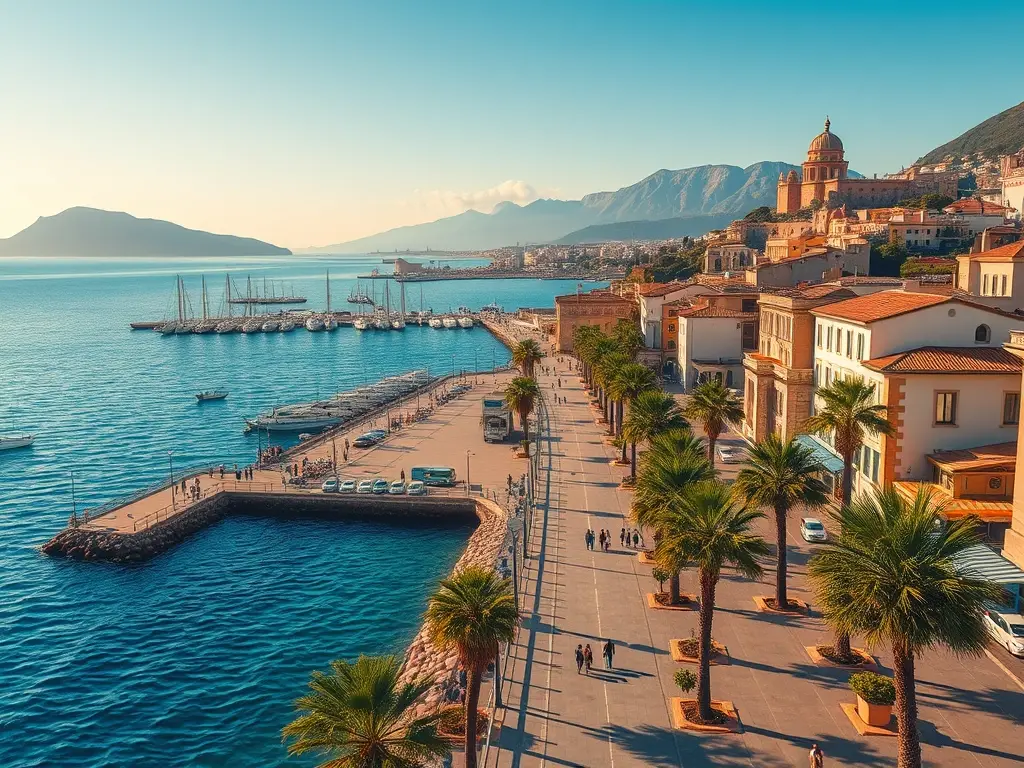 Paseo marítimo de Reggio Calabria y estrecho de Mesina, en el sur de Italia