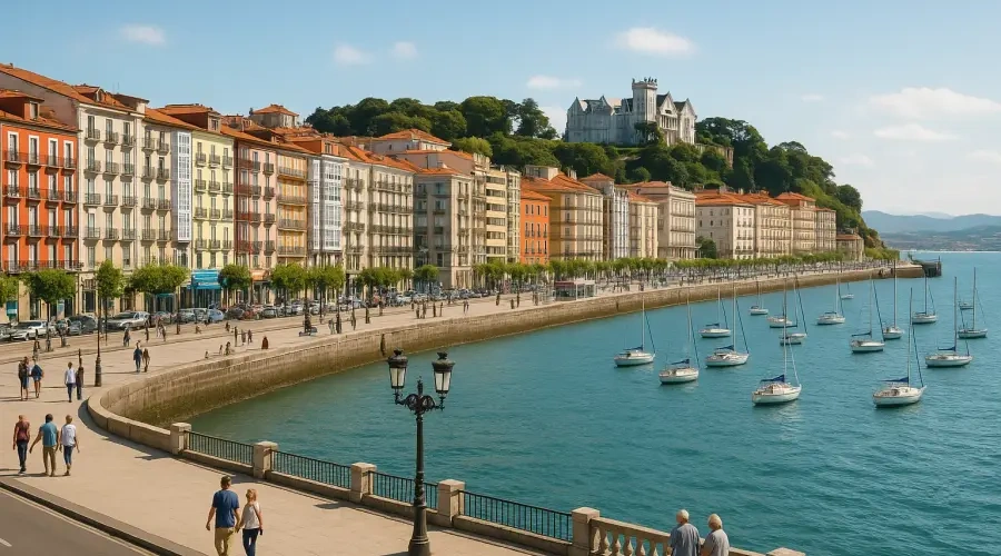 Paseo marítimo de Santander, bahía y paisaje urbano en Cantabria, norte de España