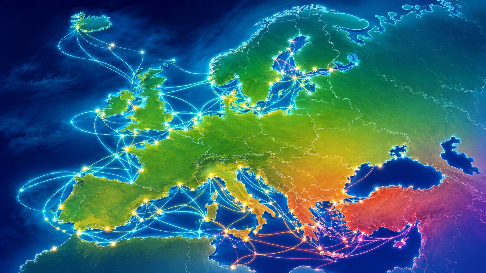 Mapa ilustrado con conexiones de ferry por Europa