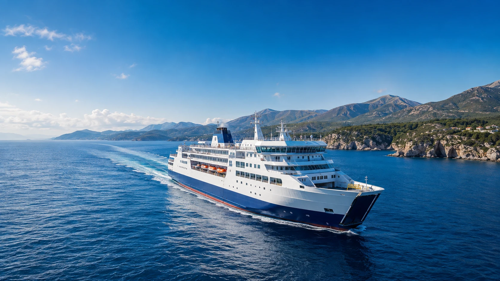 Ferry navegando por un paisaje costero europeo