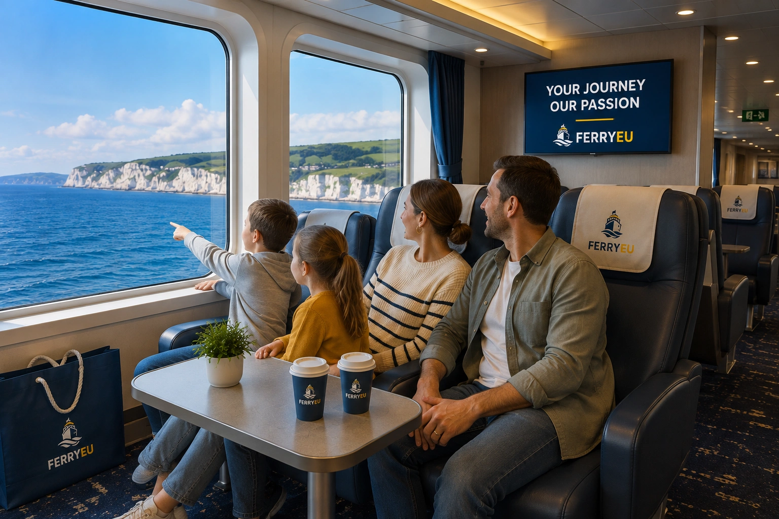 Familia descansando durante una travesía en ferry por Europa