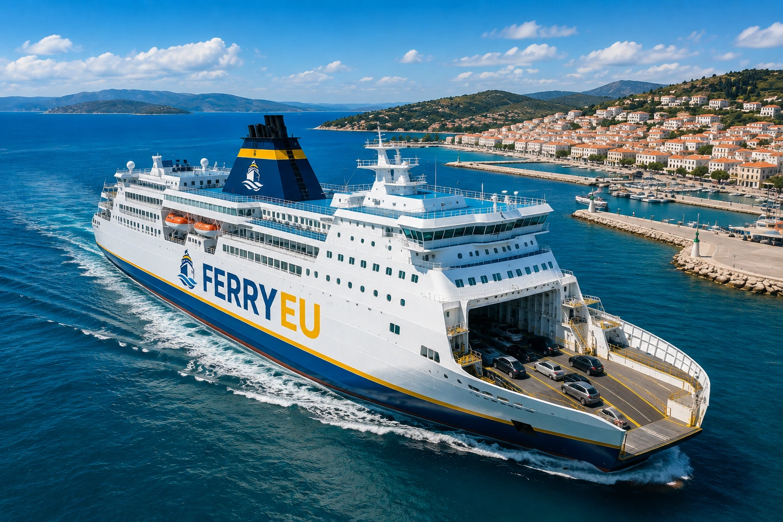 Ferry de pasajeros navegando junto a un puerto costero europeo