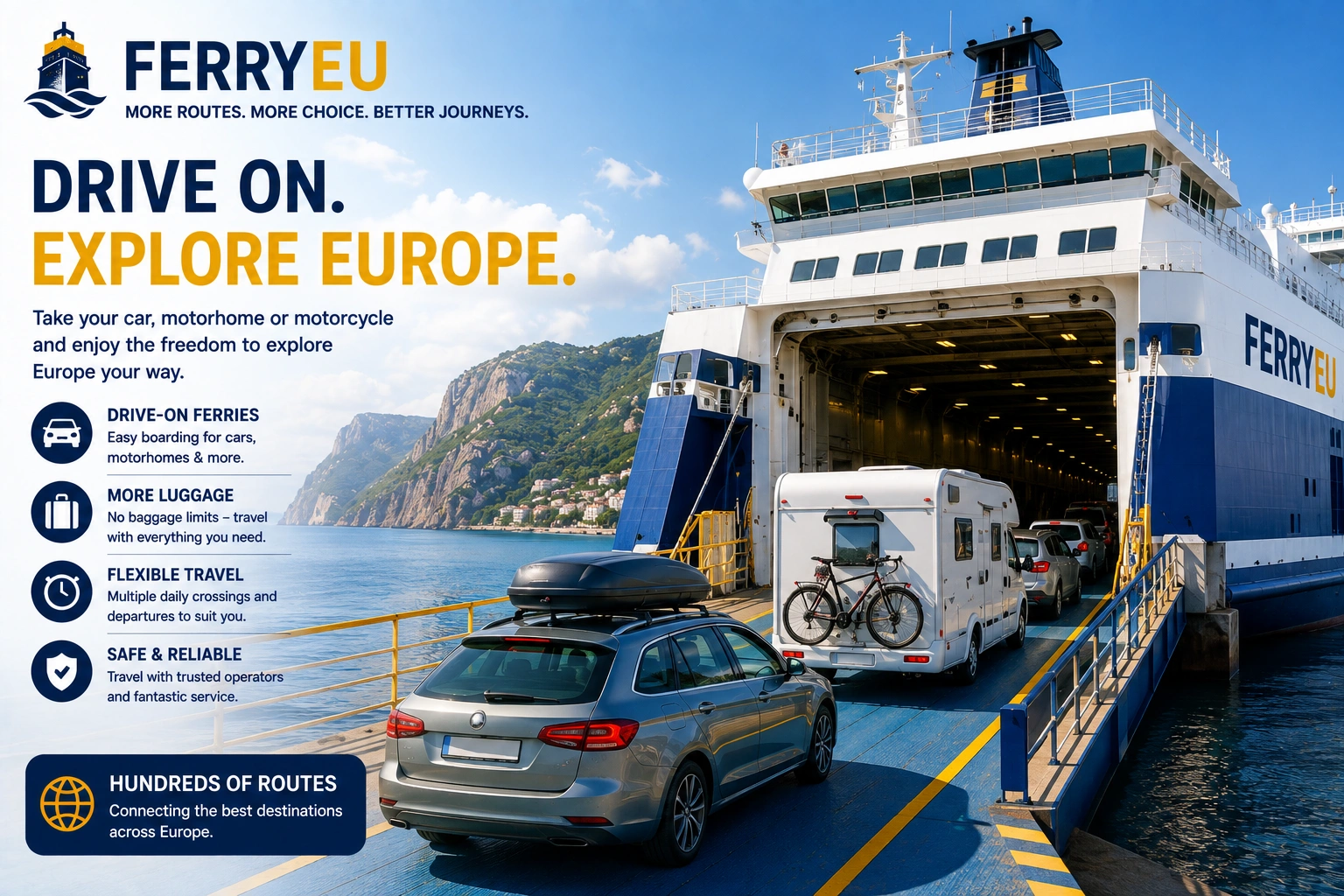 Viaje en ferry con vehículo para continuar una ruta por carretera en Europa