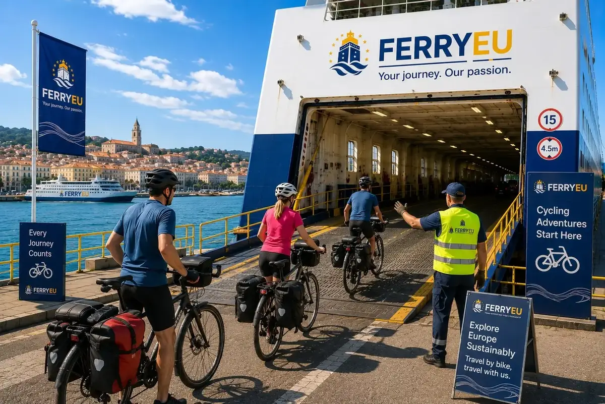 Viajero con una bicicleta junto a un ferry