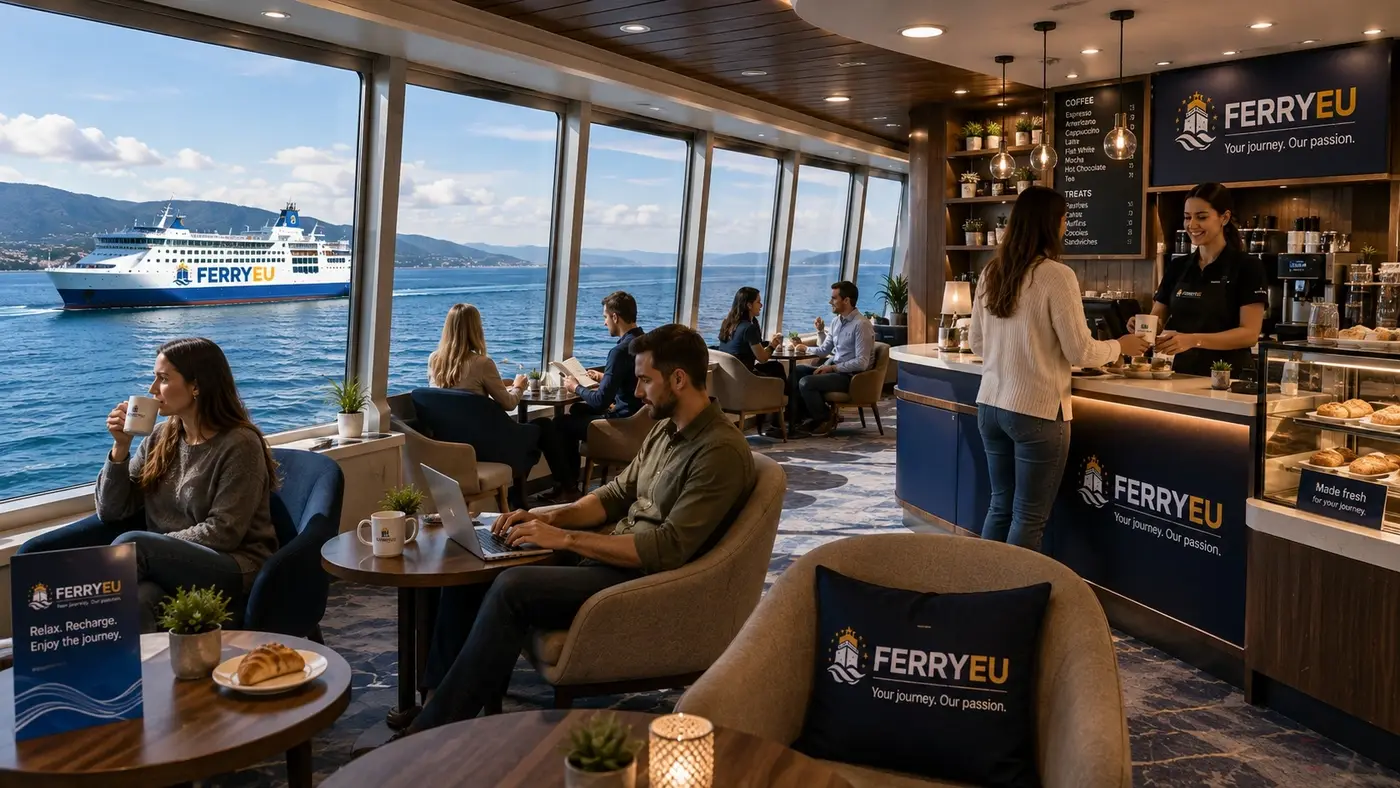 Cafetería y salón a bordo de un ferry