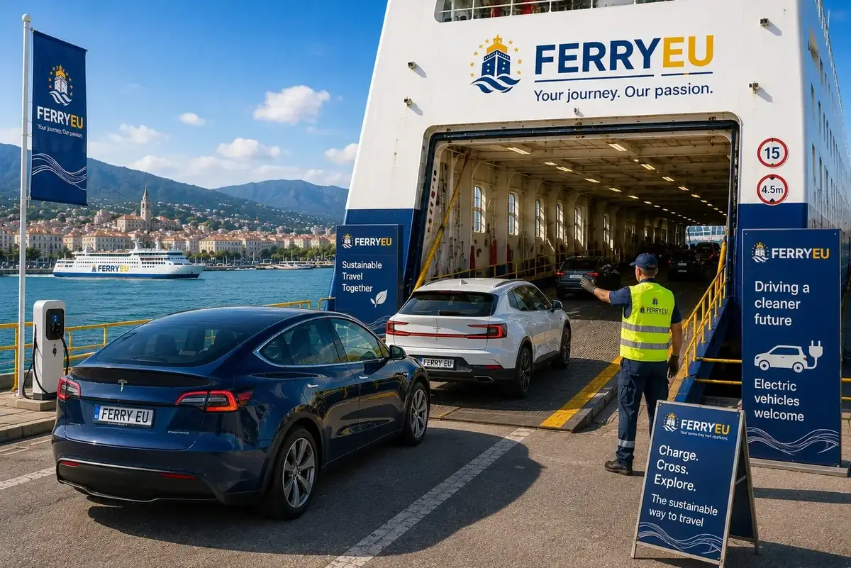 Vehículo eléctrico embarcando en un ferry