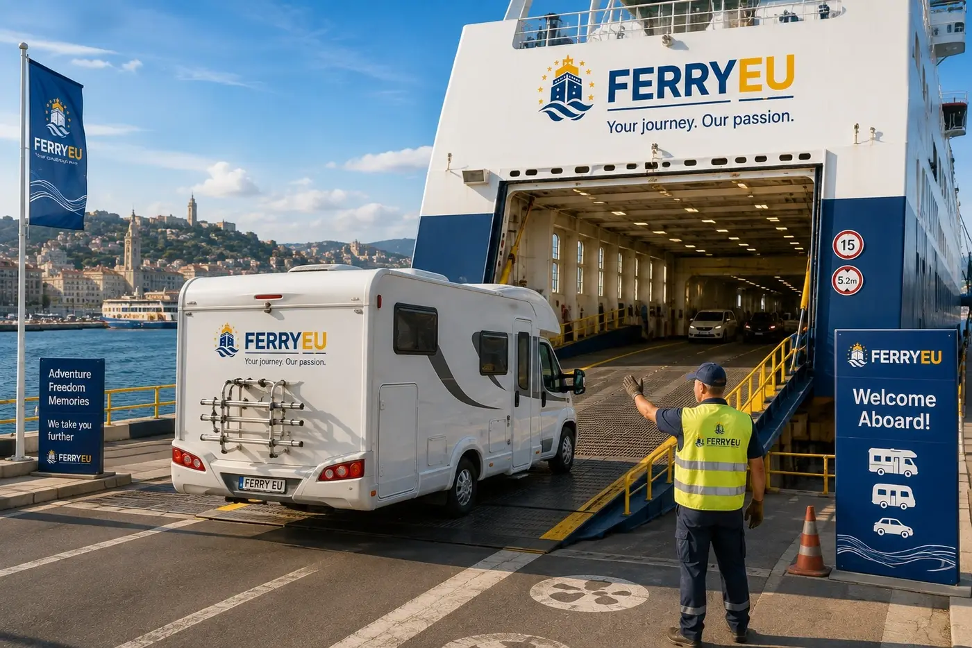 Autocaravana embarcando en un ferry