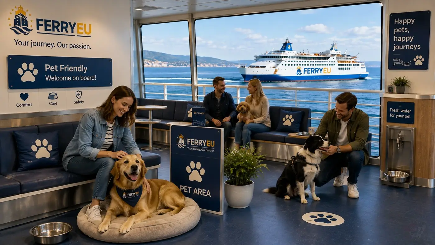 Pasajero viajando con una mascota en un ferry