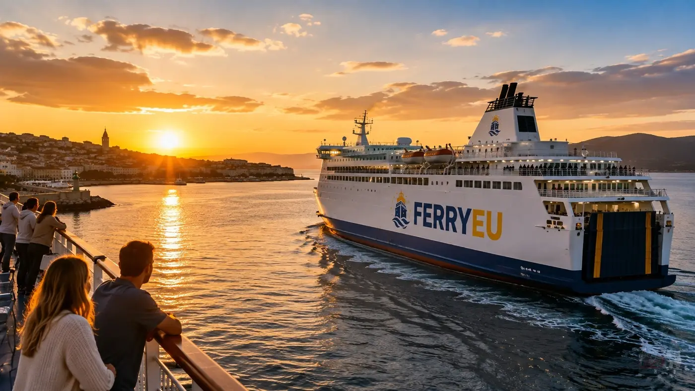 Ferry de pasajeros navegando al atardecer