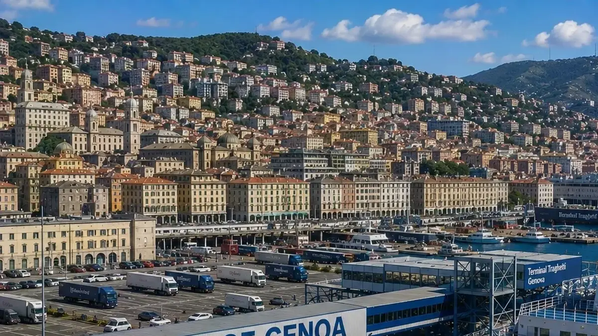 Terminal de ferris de pasajeros y paseo marítimo de Génova, Liguria, Italia