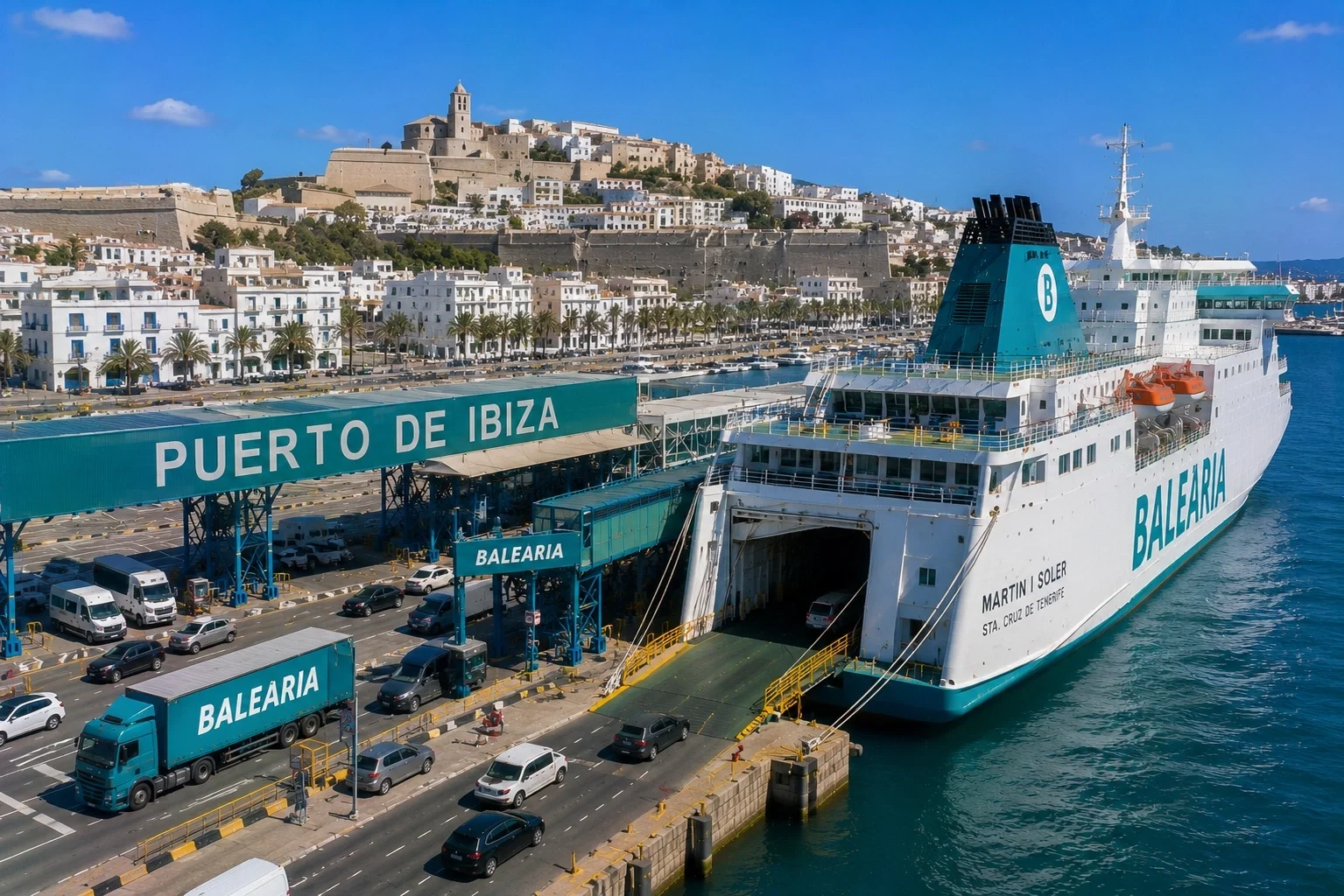 Atraques de ferris de pasajeros en el puerto de Ibiza, en la ciudad de Ibiza