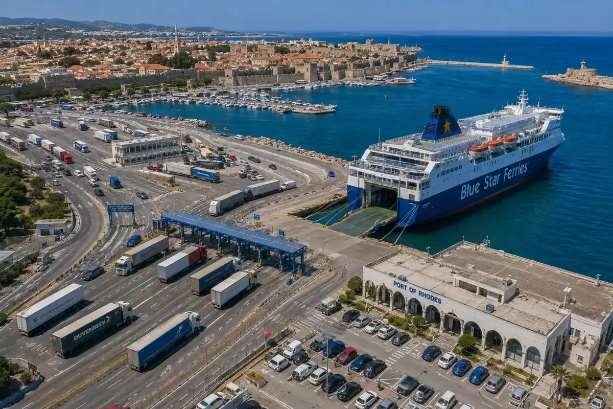 Vista aérea del puerto de ferry de Rodas y del paseo marítimo histórico