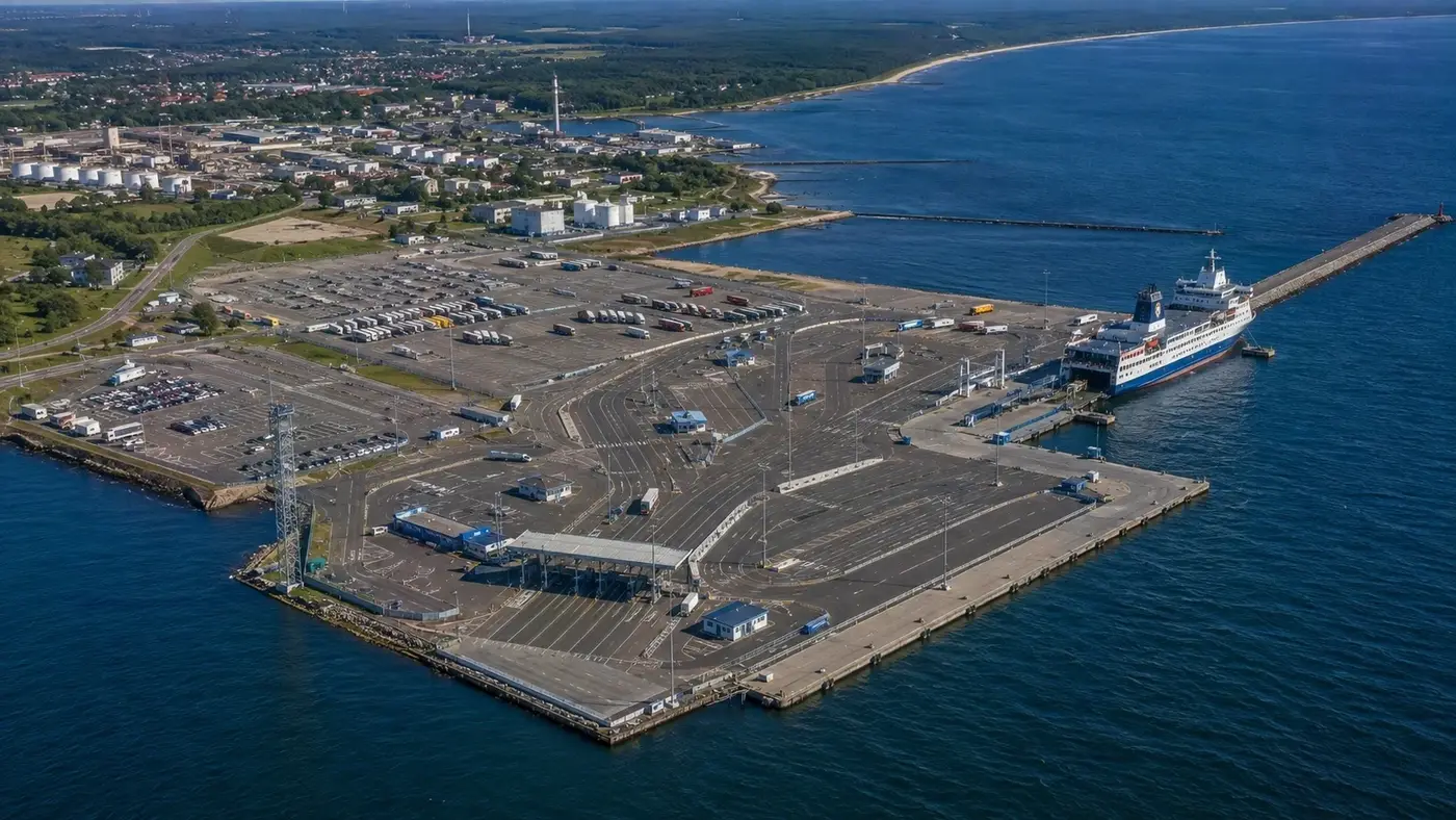 Vista aérea de la terminal de ferry de Ventspils, en la costa báltica de Letonia