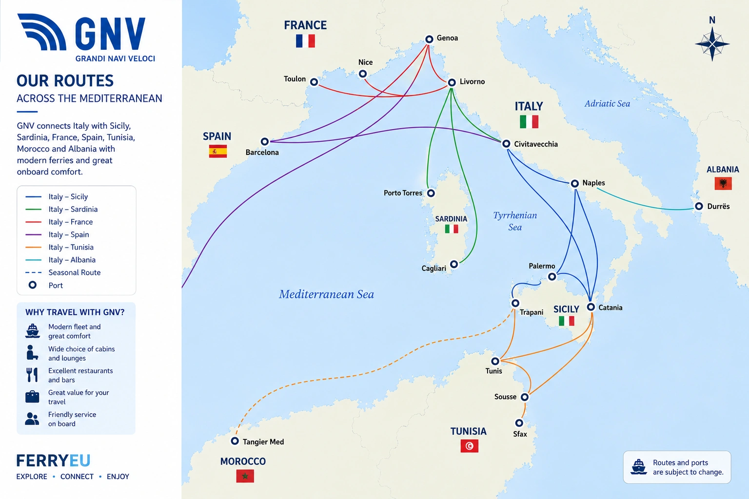 Mapa de rutas de Grandi Navi Veloci (GNV)