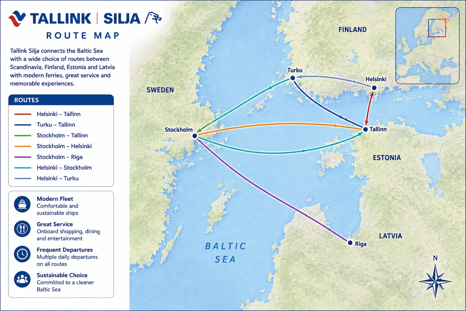 Mapa ilustrado de las rutas de Tallink Silja Line